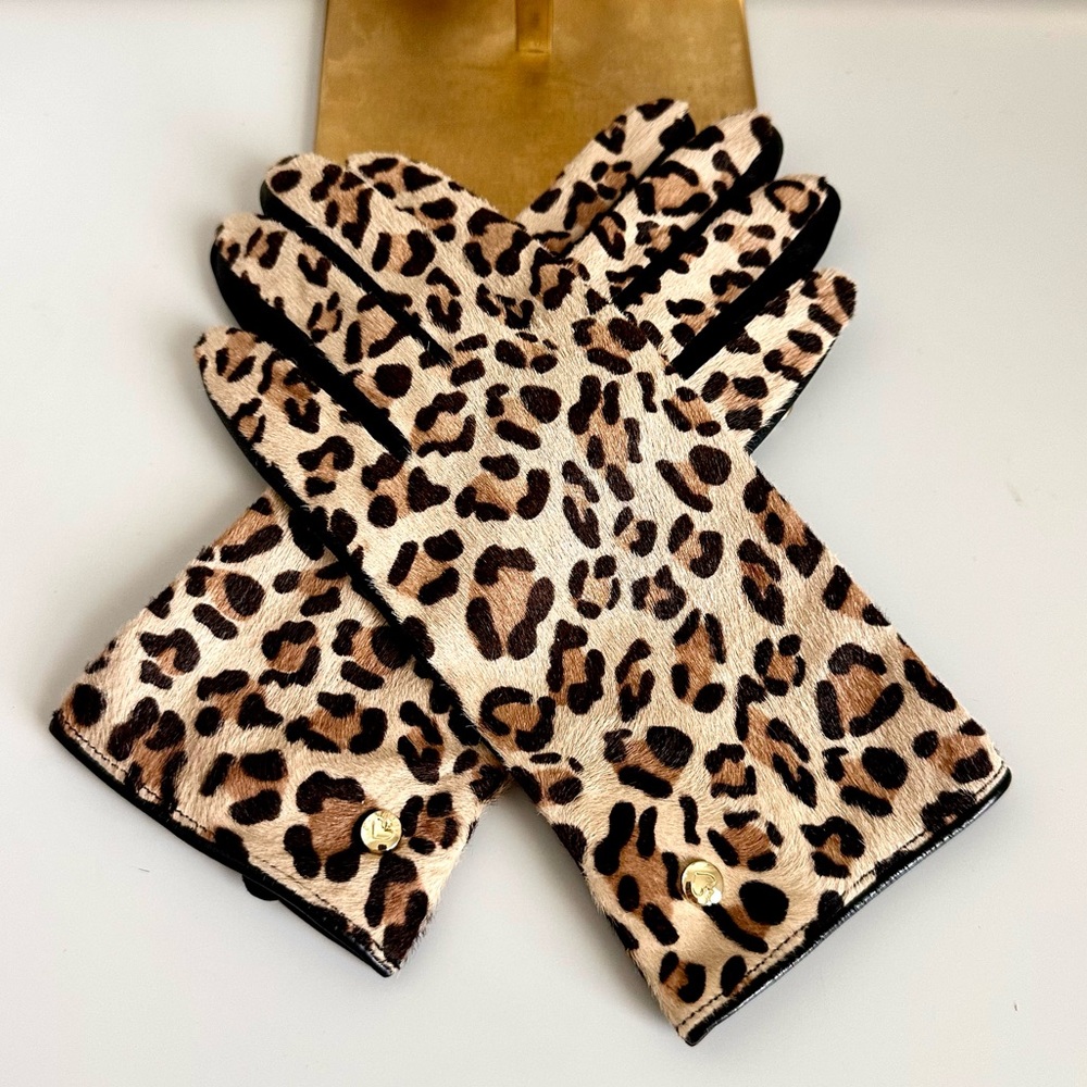Like New  KATE SPADE CALF HAIR LEOPARD PRINT AND BLACK LEATHER GLOVES SMALL